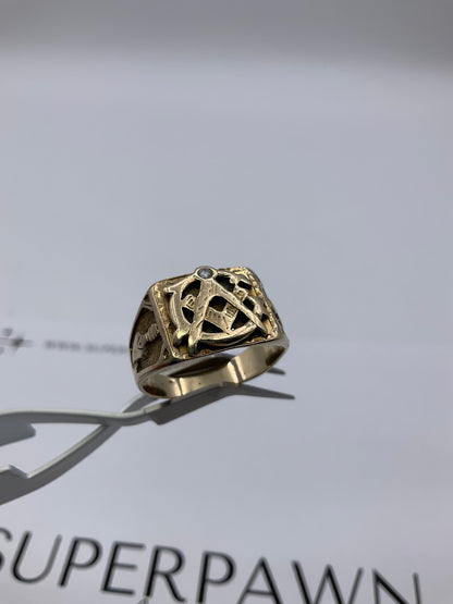 10K Yellow Gold Masonic Compass Ring with Diamond – Size 9.5 – 7.1g