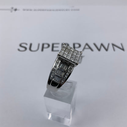 10K White Gold Diamond Cluster Ring with Princess, Baguette & Round Diamonds – Size 11