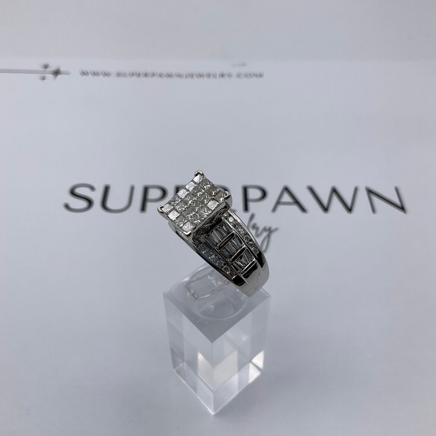 10K White Gold Diamond Cluster Ring with Princess, Baguette & Round Diamonds – Size 11