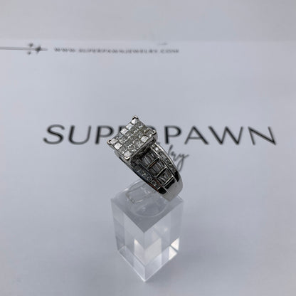 10K White Gold Diamond Cluster Ring with Princess, Baguette & Round Diamonds – Size 11