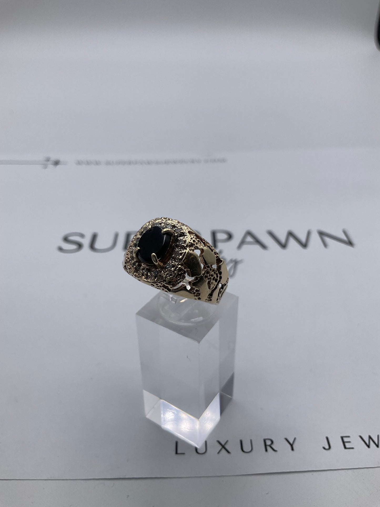10K Yellow Gold Black Onyx & Diamond Ring – Size 11 – 6.3g