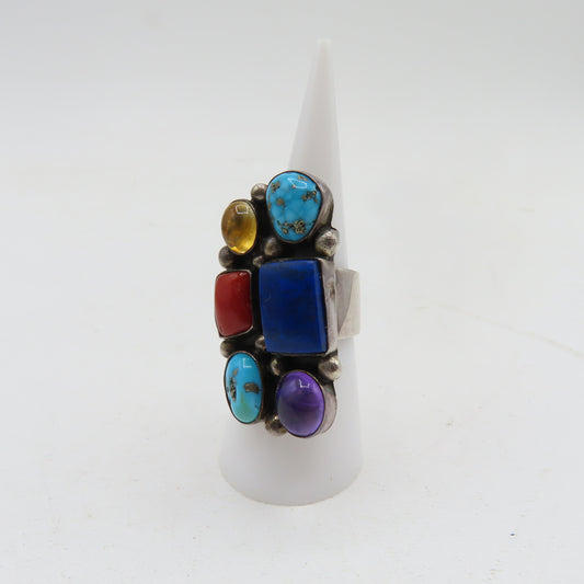 Running Bear RB Sterling Silver 925 Multi Gemstone Ring Size 7 15.7g Native American Navajo