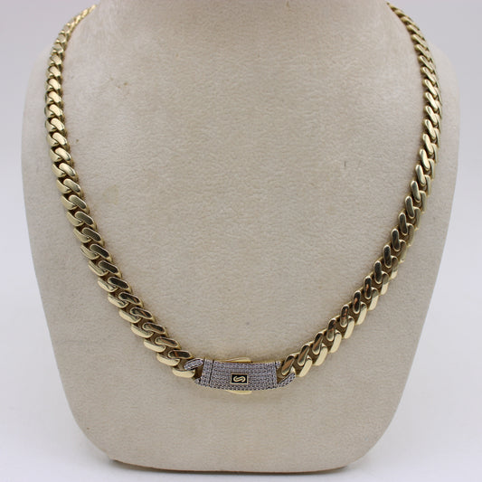 Monaco Chain Classic 10K Yellow Gold Miami Cuban Link 8mm 24" CZ Pave Clasp