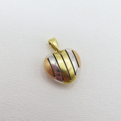 18K Tri-Tone Gold Hollow Heart Pendant 1" 4.2g
