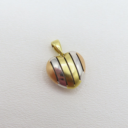 18K Tri-Tone Gold Hollow Heart Pendant 1" 4.2g