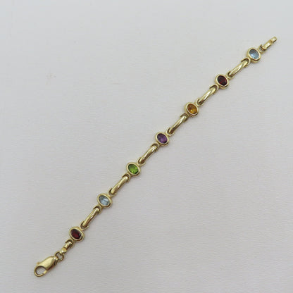 14K Yellow Gold Multicolor Gem Stone Bar Link Bracelet 8.9mm 7" 15.5g