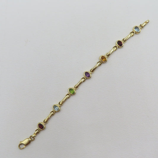 14K Yellow Gold Multicolor Gem Stone Bar Link Bracelet 8.9mm 7" 15.5g