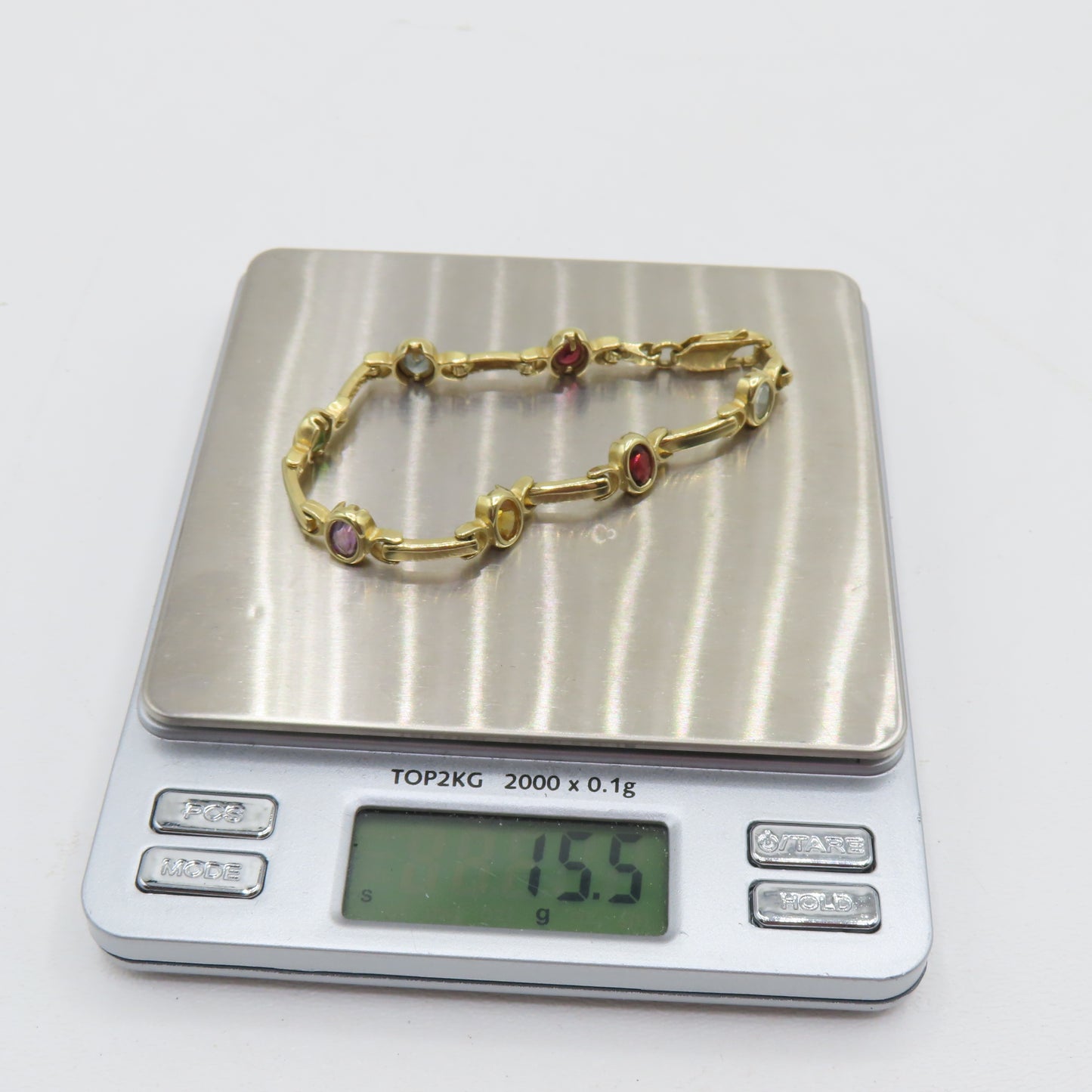 14K Yellow Gold Multicolor Gem Stone Bar Link Bracelet 8.9mm 7" 15.5g
