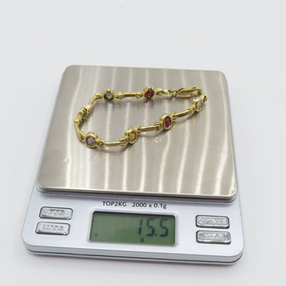 14K Yellow Gold Multicolor Gem Stone Bar Link Bracelet 8.9mm 7" 15.5g