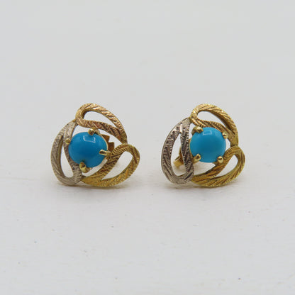 18K Gold Round Turquoise Stud Earrings 5.2g
