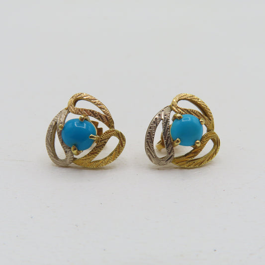 18K Gold Round Turquoise Stud Earrings 5.2g