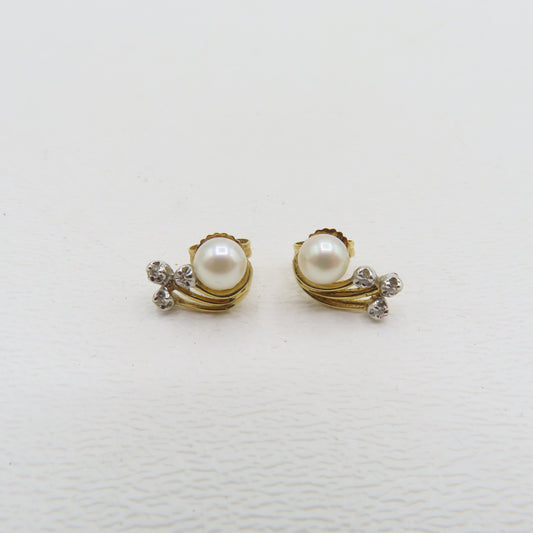14K Two-Tone Gold Pearl and Diamond Stud Earrings 1.6g