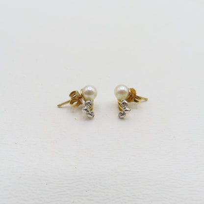 14K Two-Tone Gold Pearl and Diamond Stud Earrings 1.6g