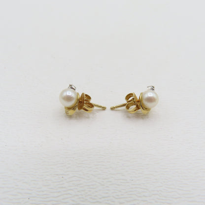 14K Two-Tone Gold Pearl and Diamond Stud Earrings 1.6g