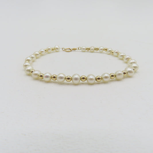 14K Yellow Gold Beaded Pearls Bracelet 4mm 7" 3.5g