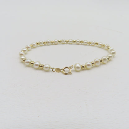 14K Yellow Gold Beaded Pearls Bracelet 4mm 7" 3.5g