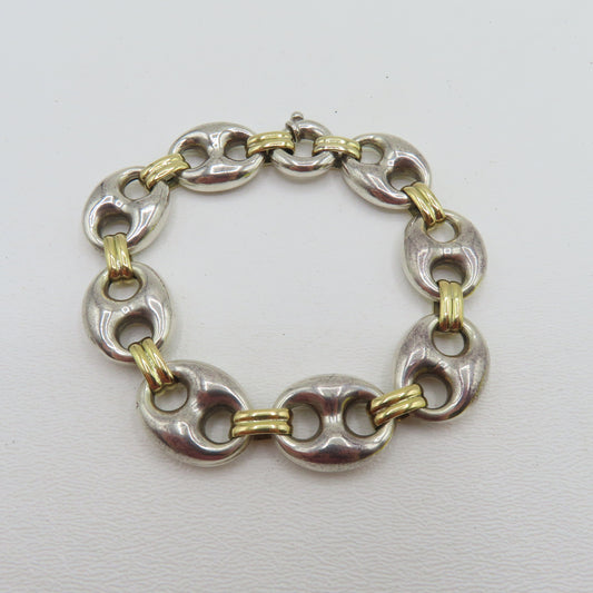 Sterling Silver & 18K Yellow Gold Puffy Mariner Link Bracelet 7-1/4" 26.5g