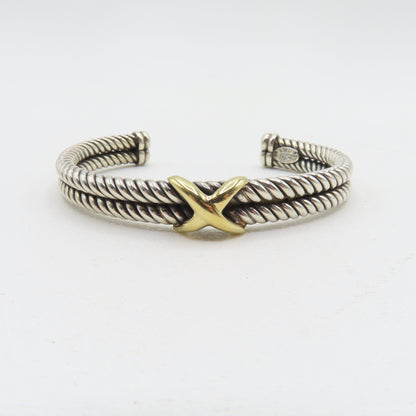 RdM Italy Sterling Silver & 18K Gold X Double Cable Cuff Bracelet 8.5mm 6-3/4" 20.7g