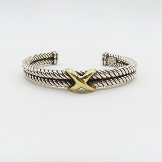 RdM Italy Sterling Silver & 18K Gold X Double Cable Cuff Bracelet 8.5mm 6-3/4" 20.7g