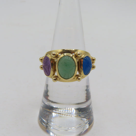 14K Yellow Gold Multi Gemstone Scarab Beetle Ring Size 7 5.3g