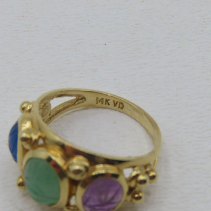 14K Yellow Gold Multi Gemstone Scarab Beetle Ring Size 7 5.3g