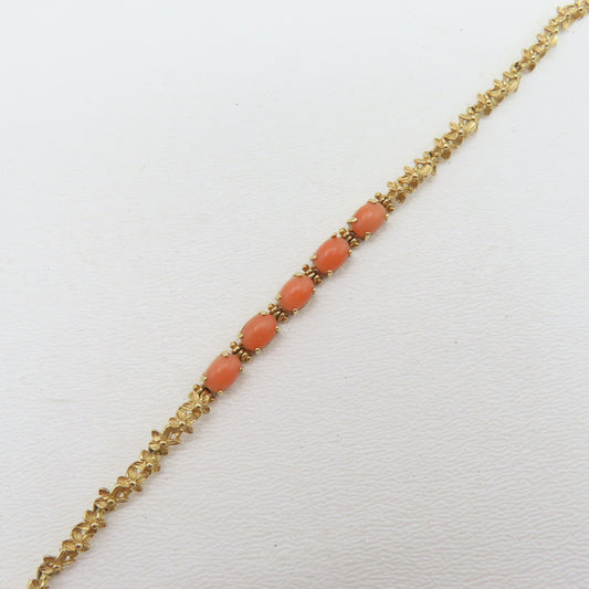 14K Yellow Gold Coral Flower Link Bracelet 7" 7.1g