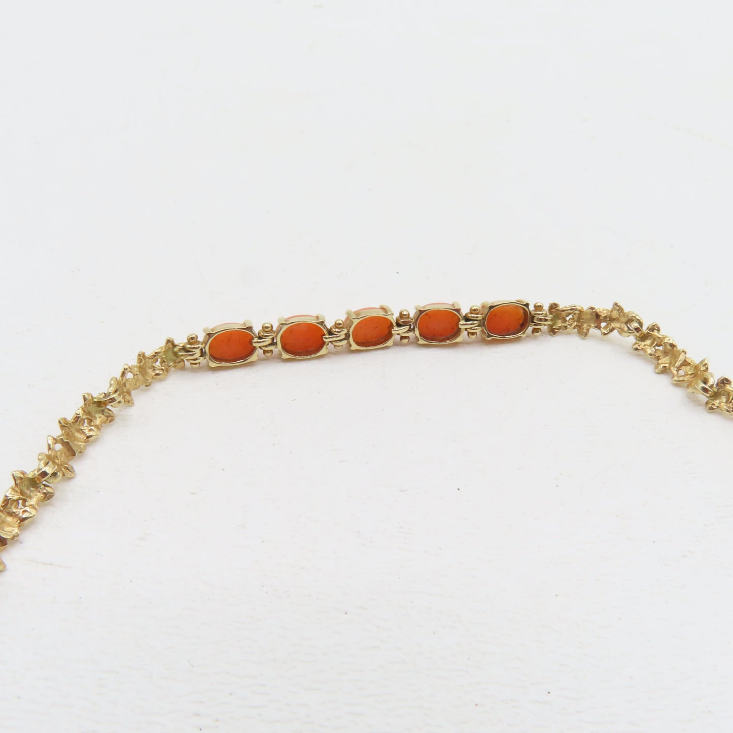 14K Yellow Gold Coral Flower Link Bracelet 7" 7.1g