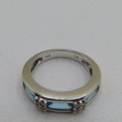 14K White Gold Blue Topaz and Diamond Band Ring Size 5 3.4g
