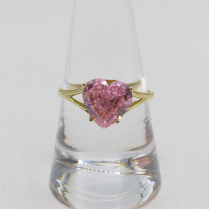 14K Yellow Gold Pink Heart Cut CZ Ring Size 9 2.5g
