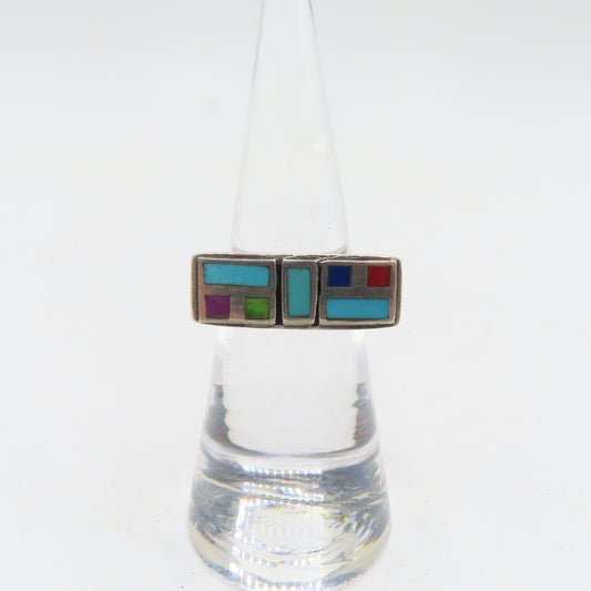 Sterling Silver 925 Modernist Turquoise Multi Gemstone Inlay Ring Size 5 4.7g