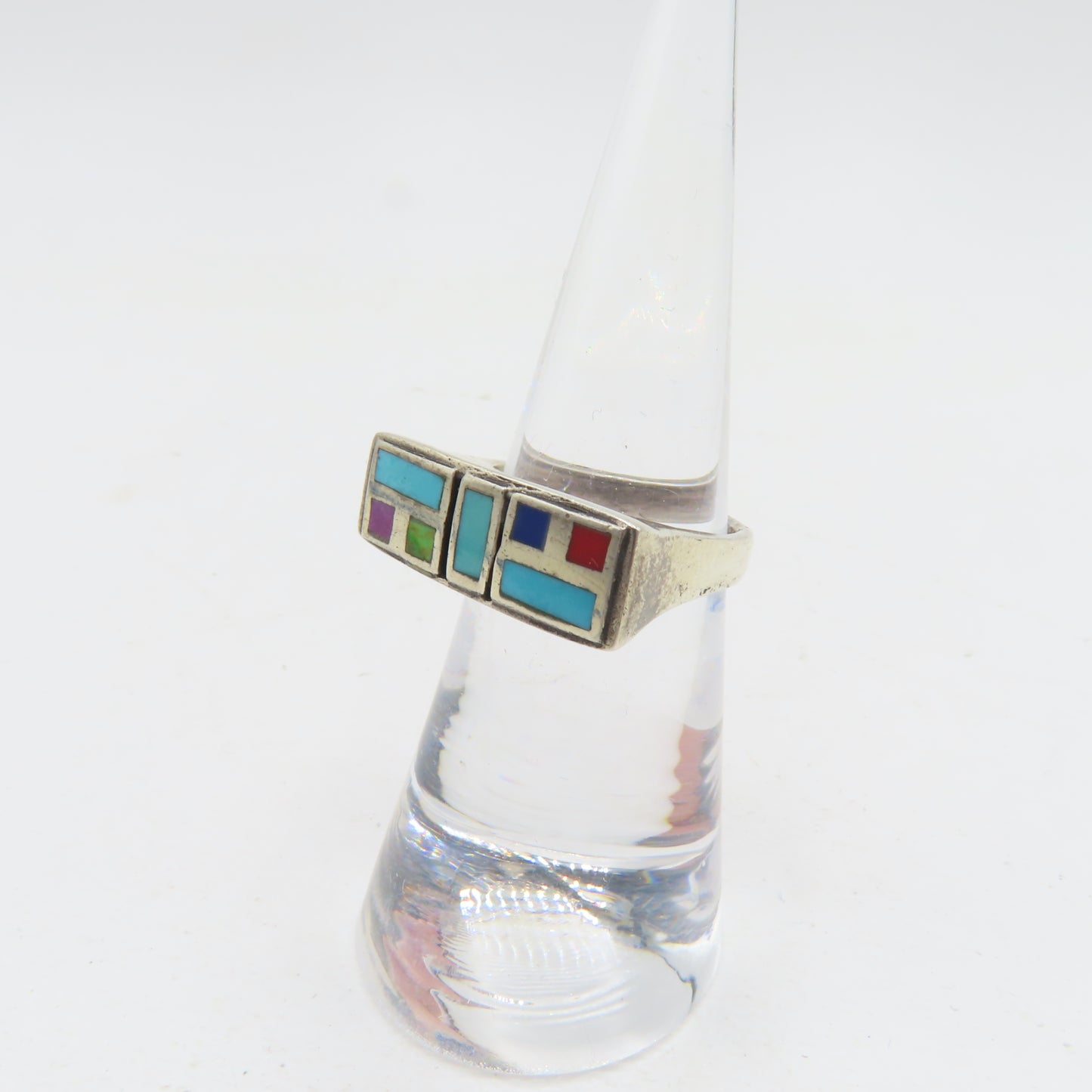 Sterling Silver 925 Modernist Turquoise Multi Gemstone Inlay Ring Size 5 4.7g