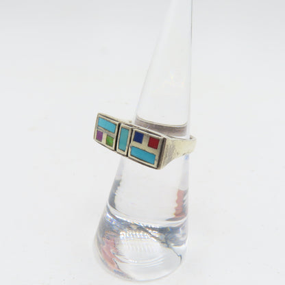 Sterling Silver 925 Modernist Turquoise Multi Gemstone Inlay Ring Size 5 4.7g