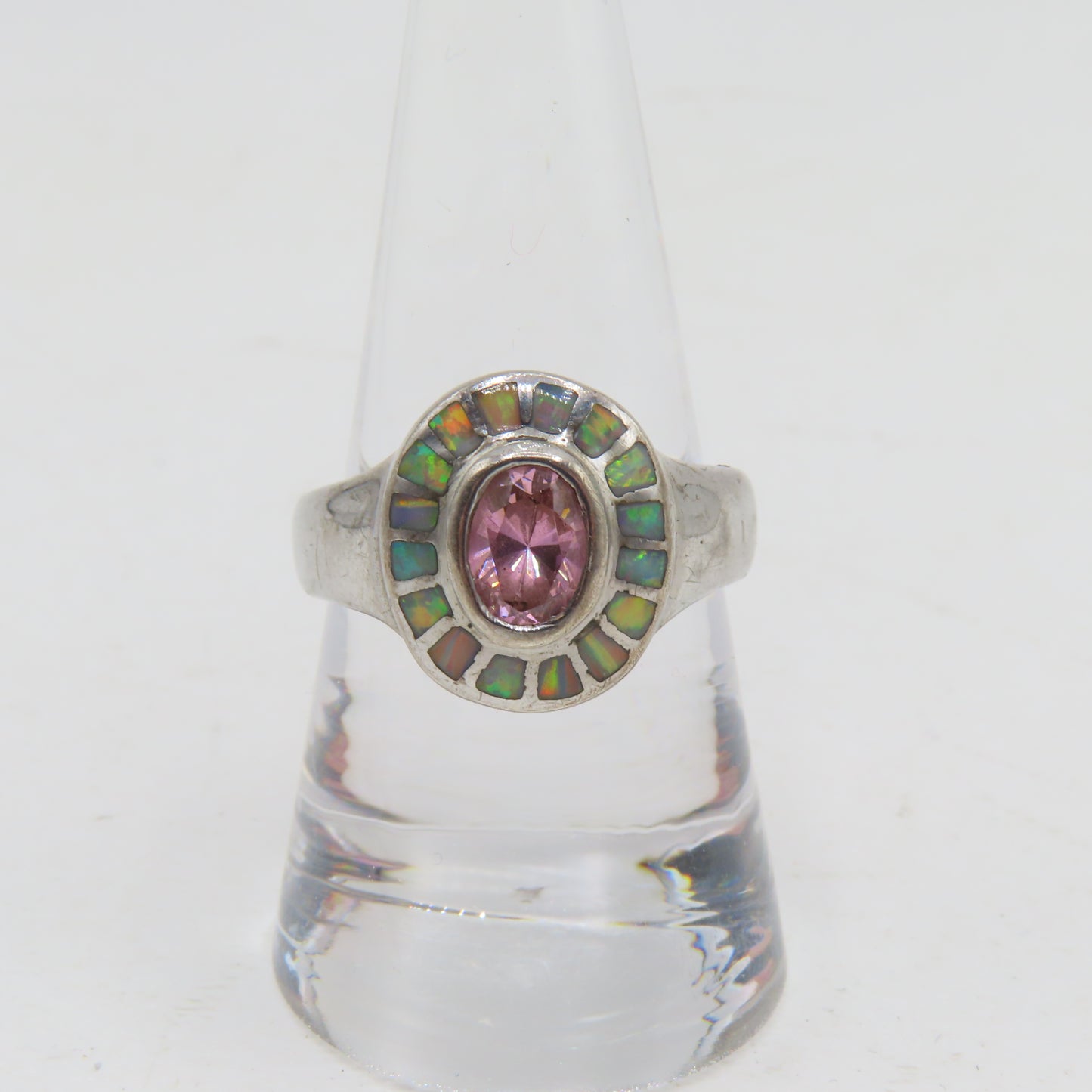 Sterling Silver 925 Pink Tourmaline Opal Halo Ring Size 8.5 6.5g
