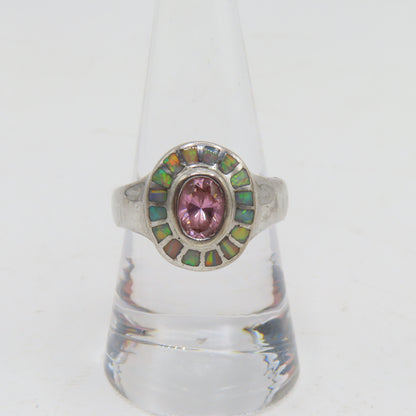 Sterling Silver 925 Pink Tourmaline Opal Halo Ring Size 8.5 6.5g