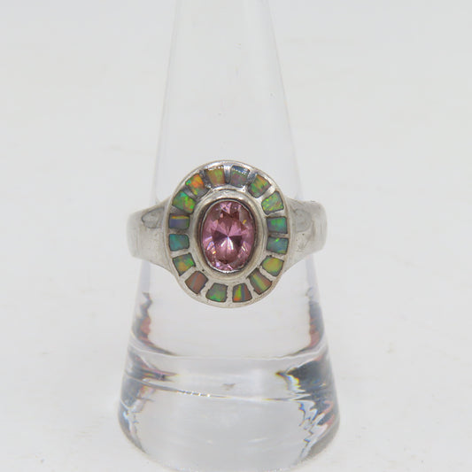 Sterling Silver 925 Pink Tourmaline Opal Halo Ring Size 8.5 6.5g