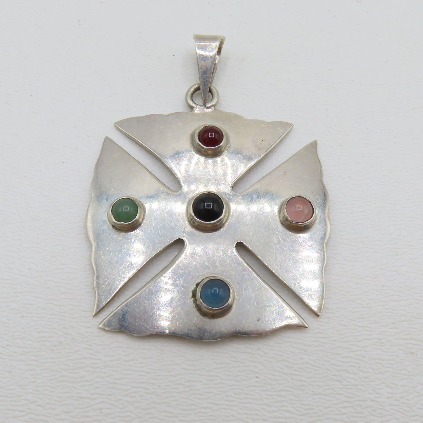Sterling Silver 925 Taxco Mexico Multi Gemstone Cross Pendant TO-57 13.7g 2-3/8"