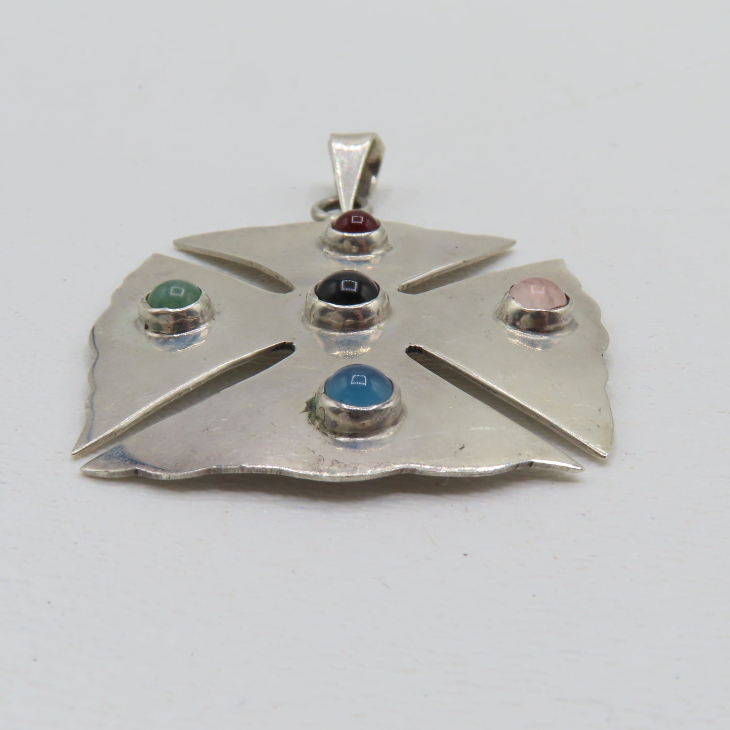 Sterling Silver 925 Taxco Mexico Multi Gemstone Cross Pendant TO-57 13.7g 2-3/8"