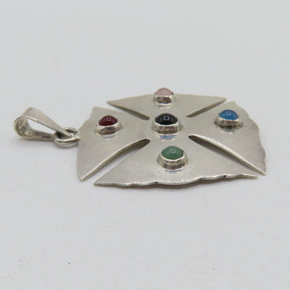 Sterling Silver 925 Taxco Mexico Multi Gemstone Cross Pendant TO-57 13.7g 2-3/8"