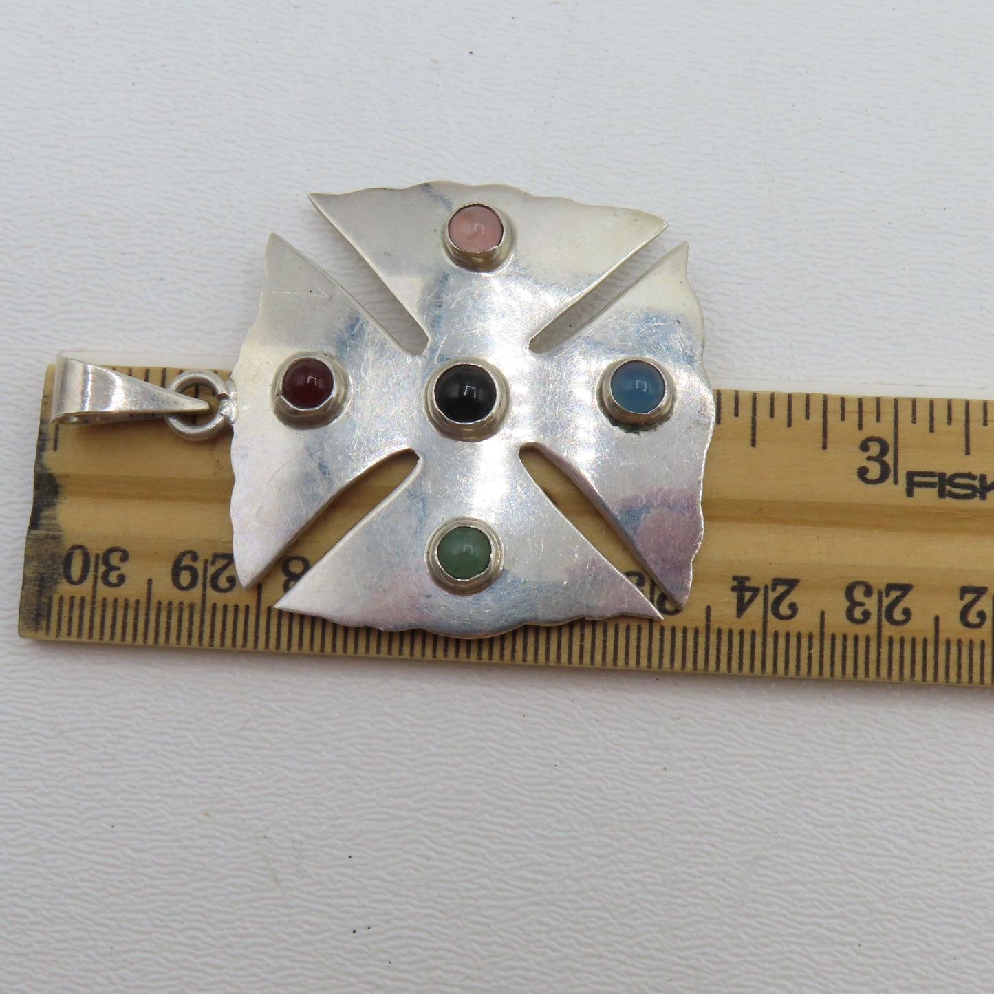 Sterling Silver 925 Taxco Mexico Multi Gemstone Cross Pendant TO-57 13.7g 2-3/8"