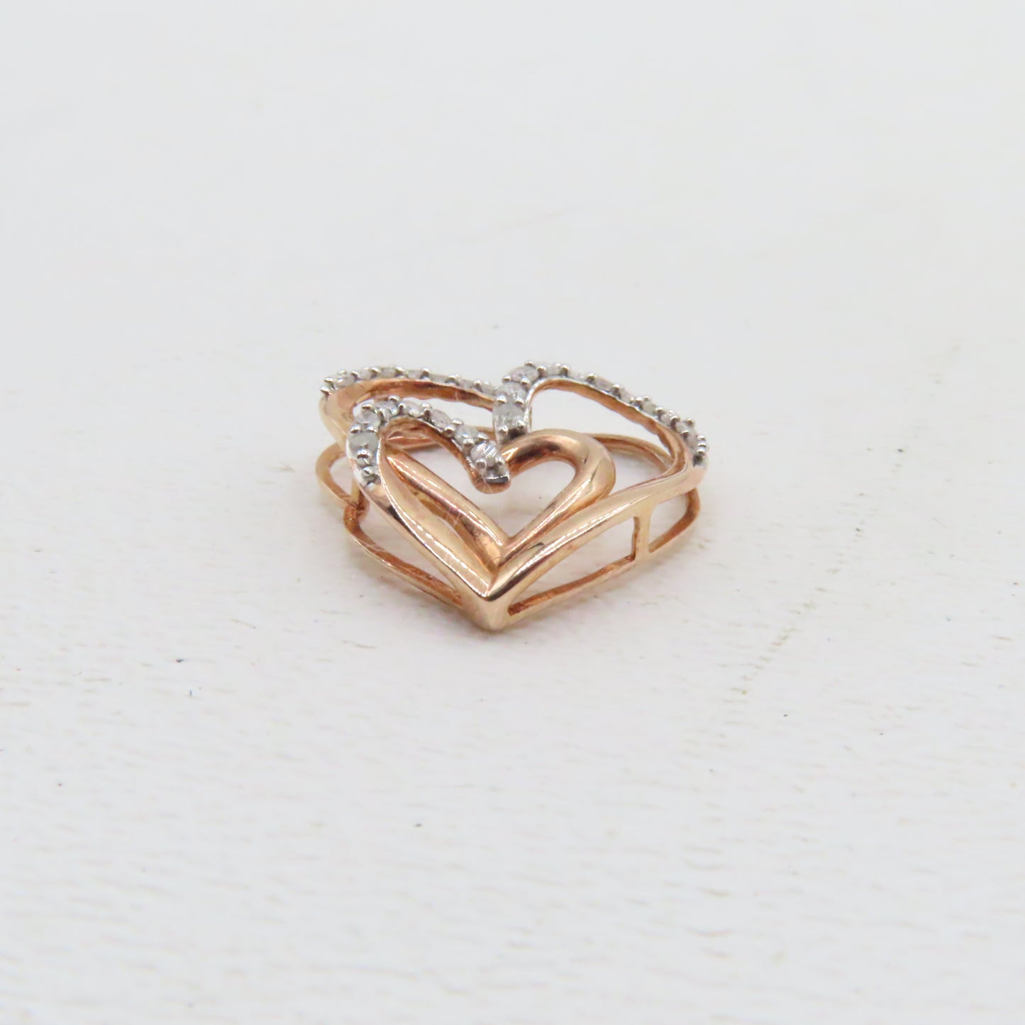 10K Rose Gold Double Open Heart Diamond Pendant 3/4" 1.6g
