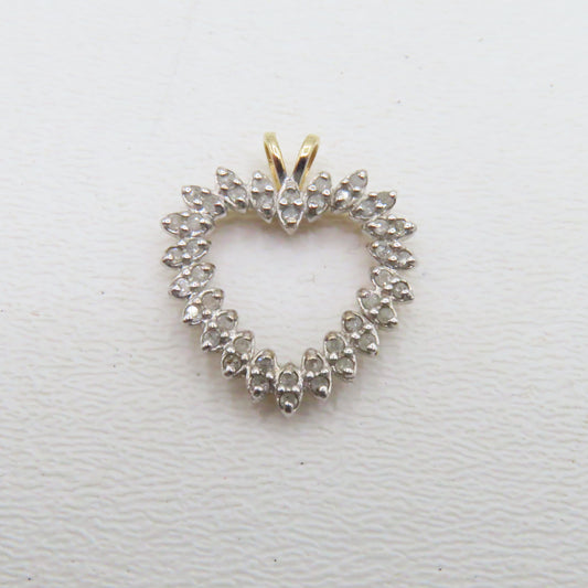 10K Two Tone Gold Open Heart Diamond Pendant 1" 2.6g