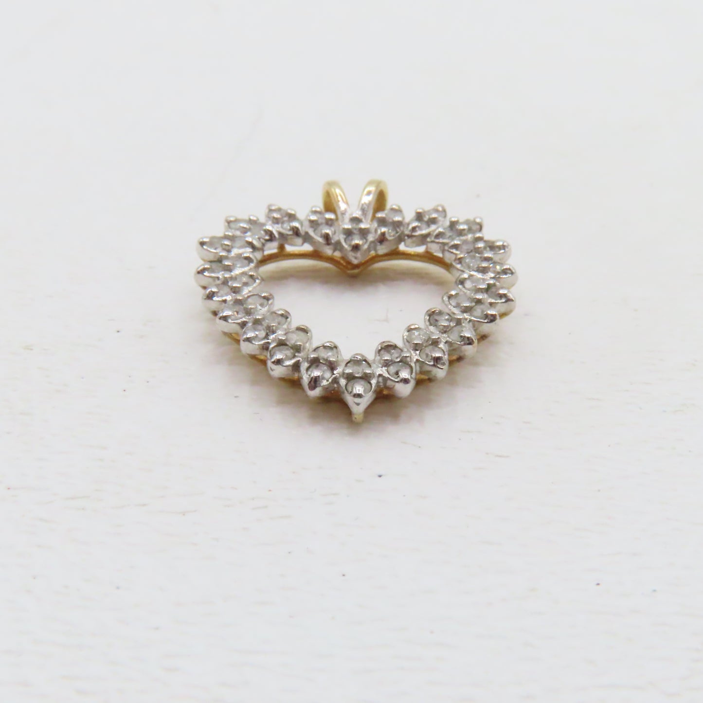 10K Two Tone Gold Open Heart Diamond Pendant 1" 2.6g