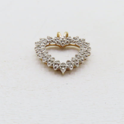 10K Two Tone Gold Open Heart Diamond Pendant 1" 2.6g