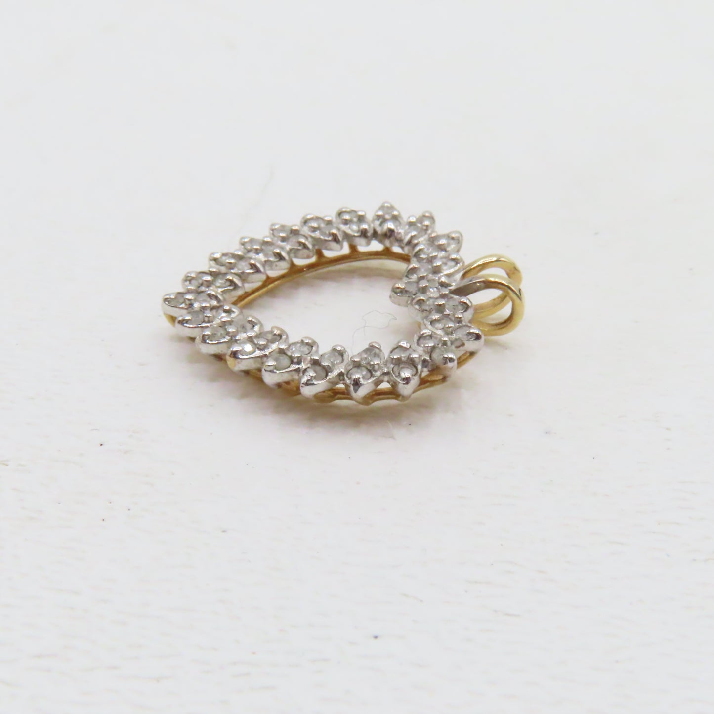 10K Two Tone Gold Open Heart Diamond Pendant 1" 2.6g