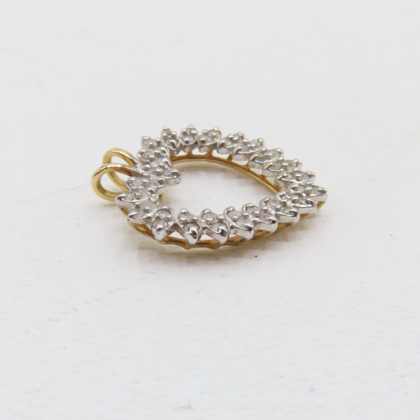 10K Two Tone Gold Open Heart Diamond Pendant 1" 2.6g