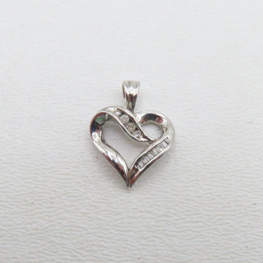 10K White Gold Open Heart Diamond Inlay Pendant 3/4" 1.7g