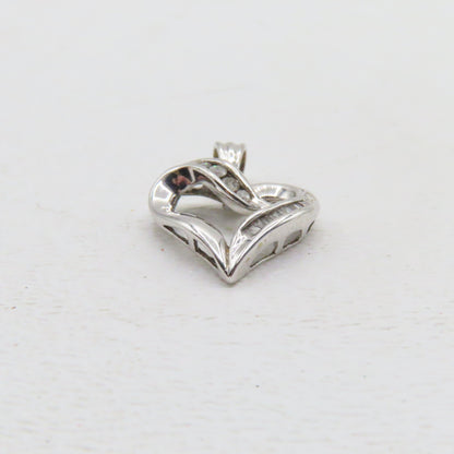 10K White Gold Open Heart Diamond Inlay Pendant 3/4" 1.7g