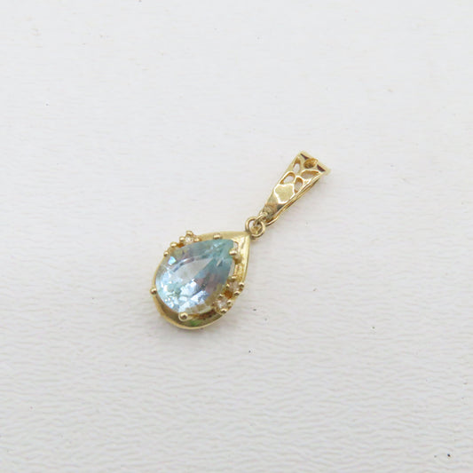 14K Yellow Gold Pear Shaped Blue Topaz Hinged Bail Pendant 1" 2.1g