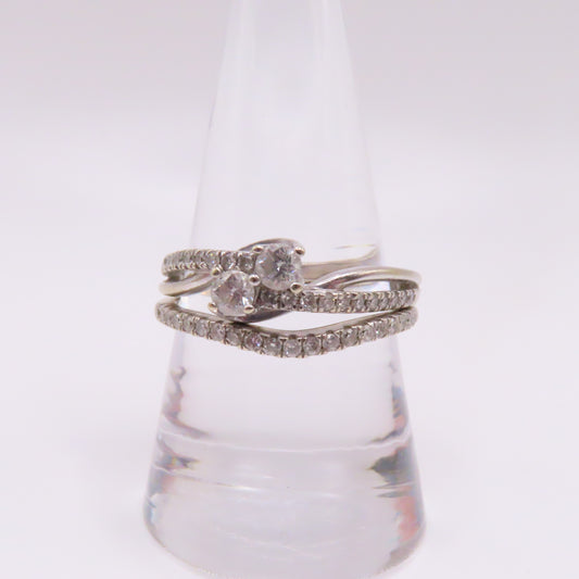 14K White Gold "Ever Us" Round Cut Diamond Two Stone Bridal Wedding Set Size 9.5 6.6g