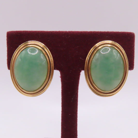 14K Yellow Gold Oval Green Jade Cabochon Omega Back Earrings 8g